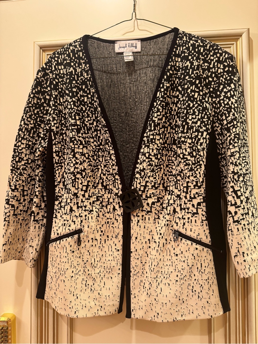 Joseph Ribkoff Black and Cream Patterned Open-Front Blazer